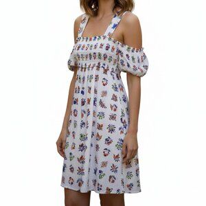 Anthropologie Botanical Print Smocked Cut-Out Midi Dress Size M